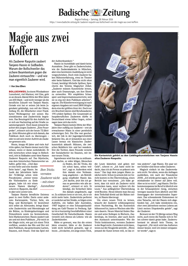 Vorschau des Zeitungsartikels der Badischen Zeitung von 2026 über Zauberer Rasputin